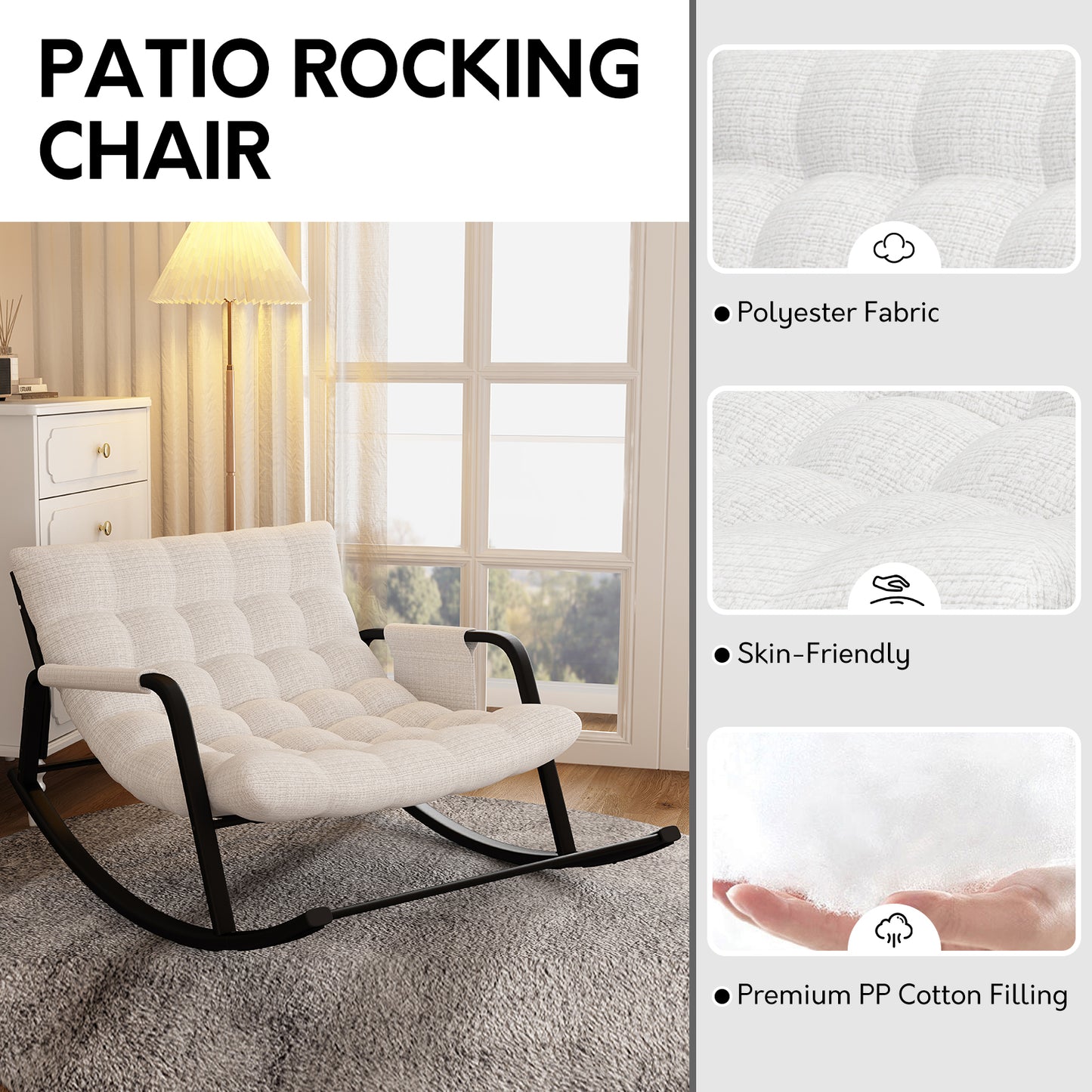 Oversized Modern Rocking Chair for Indoor & Outdoor Metal & Fabric Patio Rocker for Living Room & Bedroom Multi-Use Furniture