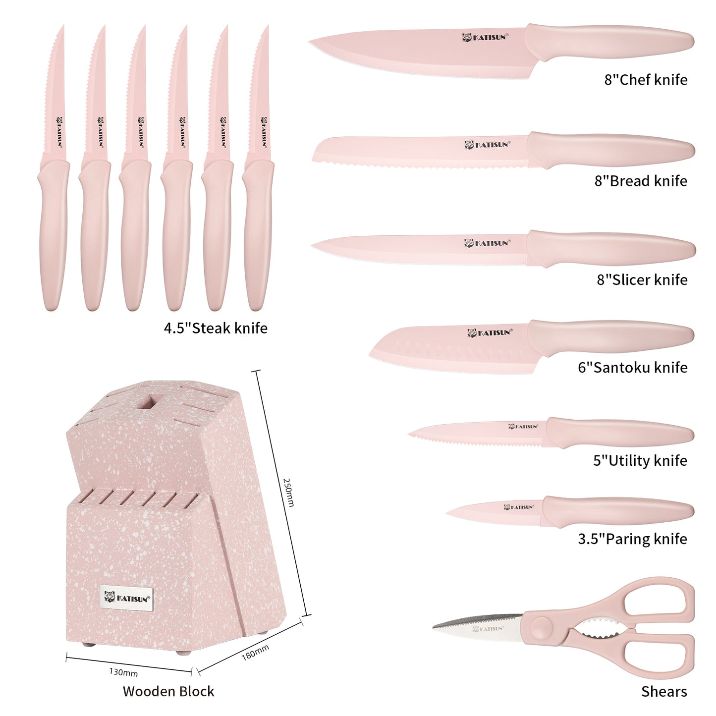 14 Pieces Pink Coding High Carbon Steel Blade, No Rust, and Super Sharp Knife Set with Wooden Stand and Kitchen Scissors