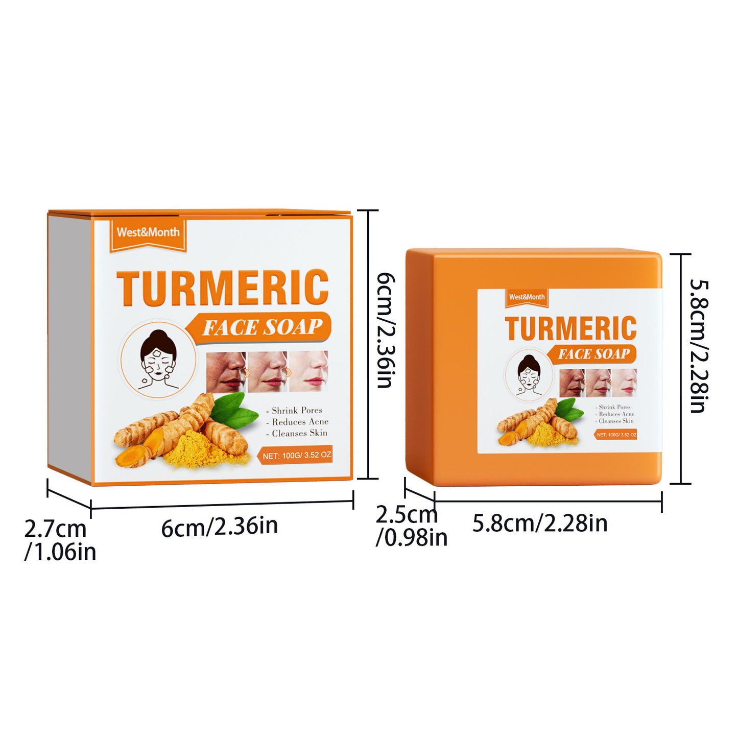 West&Month Turmeric Face Soap Facial Repair Gentle Cleansing Fade Spots Smooth Fine Lines Facial Soap