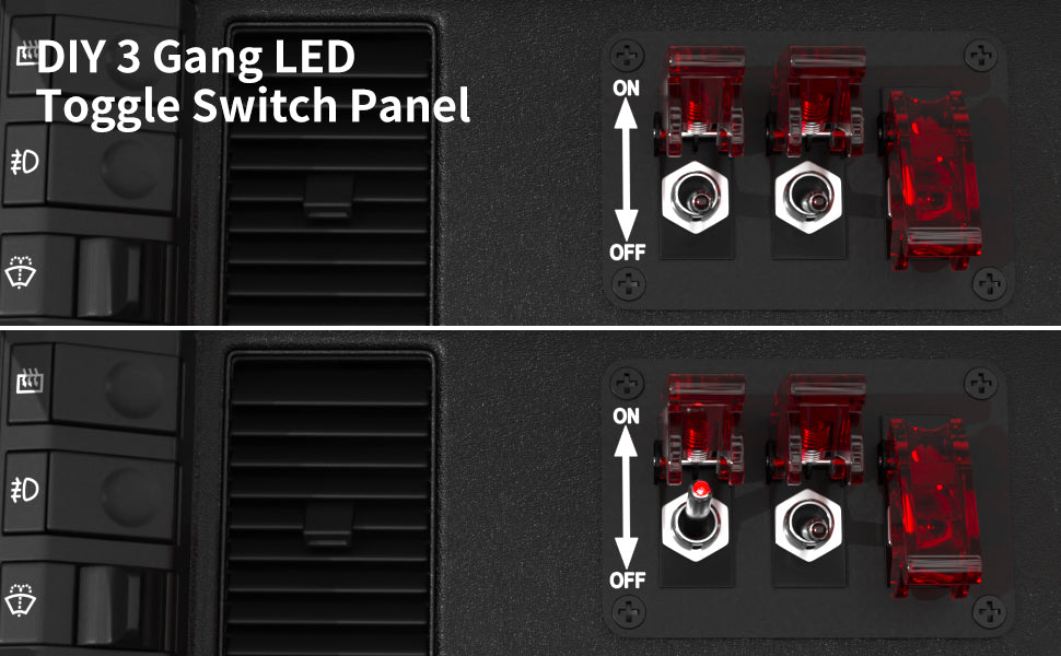 20A 12VDC 3 in 1 Ignition ON-OFF Red LED Illuminated on OFF Toggle Switch 3 Gang Car Racing Panel With Safety Aircraft Cover