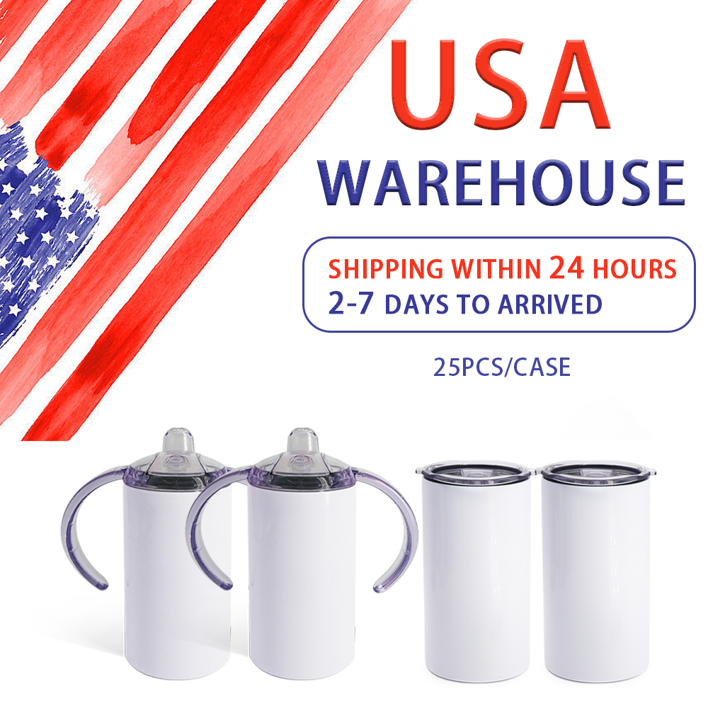 Hot Sale US Free Shipping 12oz Kids Double Wall Stainless Steel Blanks Tumbler With Handle 2 Lids Sippy Cup Sublimation Tumblers