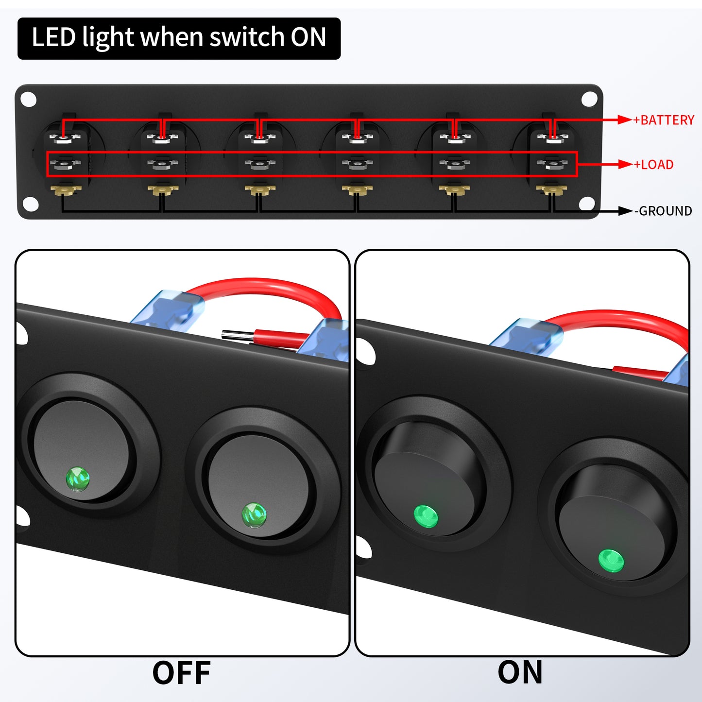 Black Aluminum 6 Gang Marine Switch Panel Waterproof 20A 3Pin on OFF Light Switch Plate Round Rocker Switch Illuminated Green