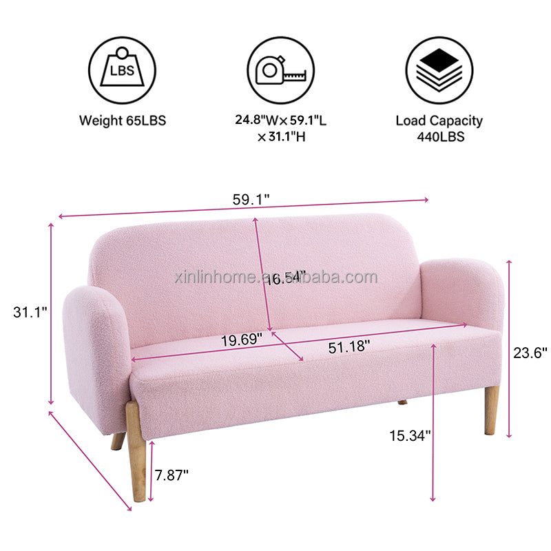 Modern 59.1\" Teddy Pink Velvet Two-Seater Sofa Free Shipping for Living Room Outdoor with Three Lumbar Pillows Fabric Material