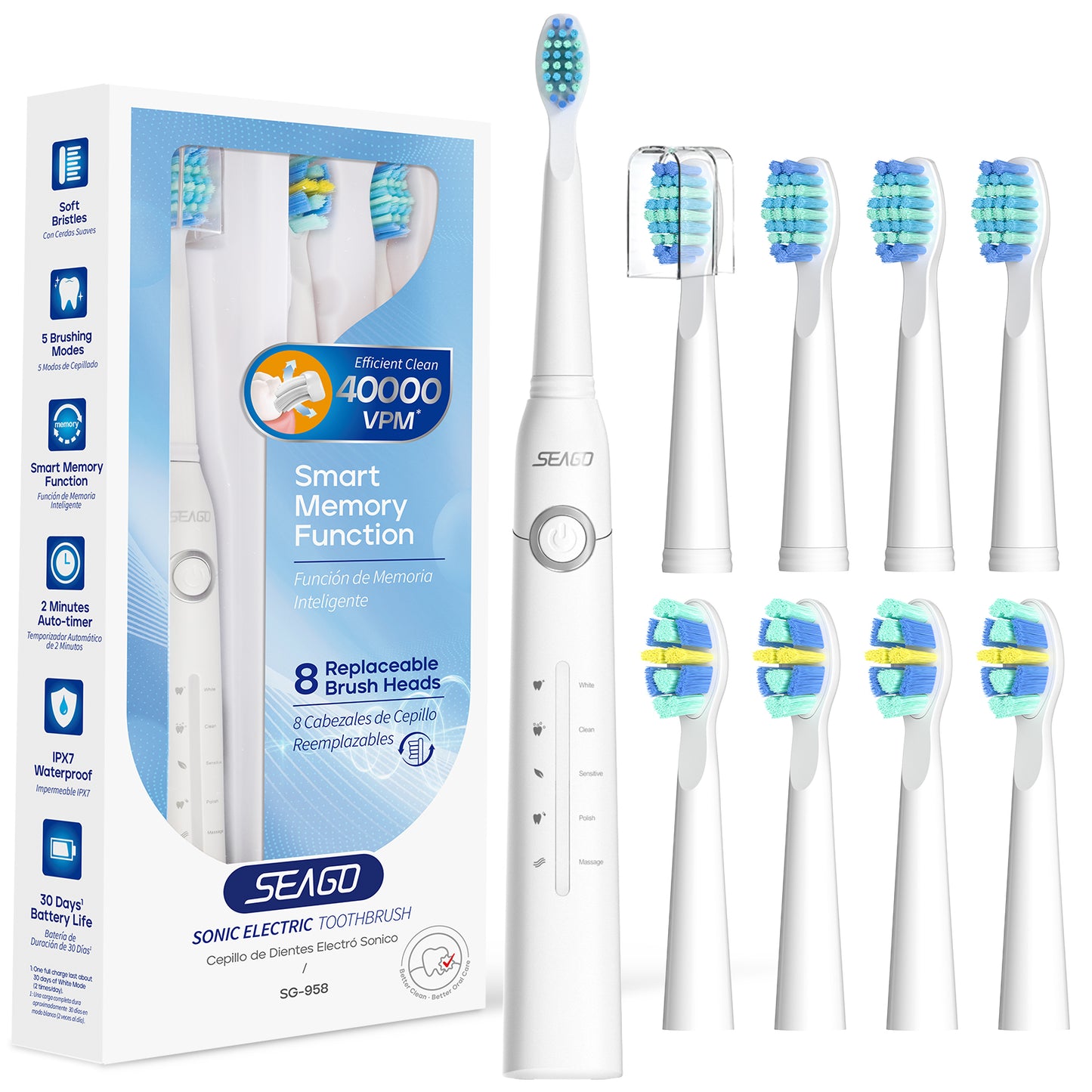 SEAGO SG958 Manufacturer 5 Modes Deep Clean Oral Care Smart 40000 VPM Rechargeable 4 Hours Fast Charge Sonic Electric Toothbrush