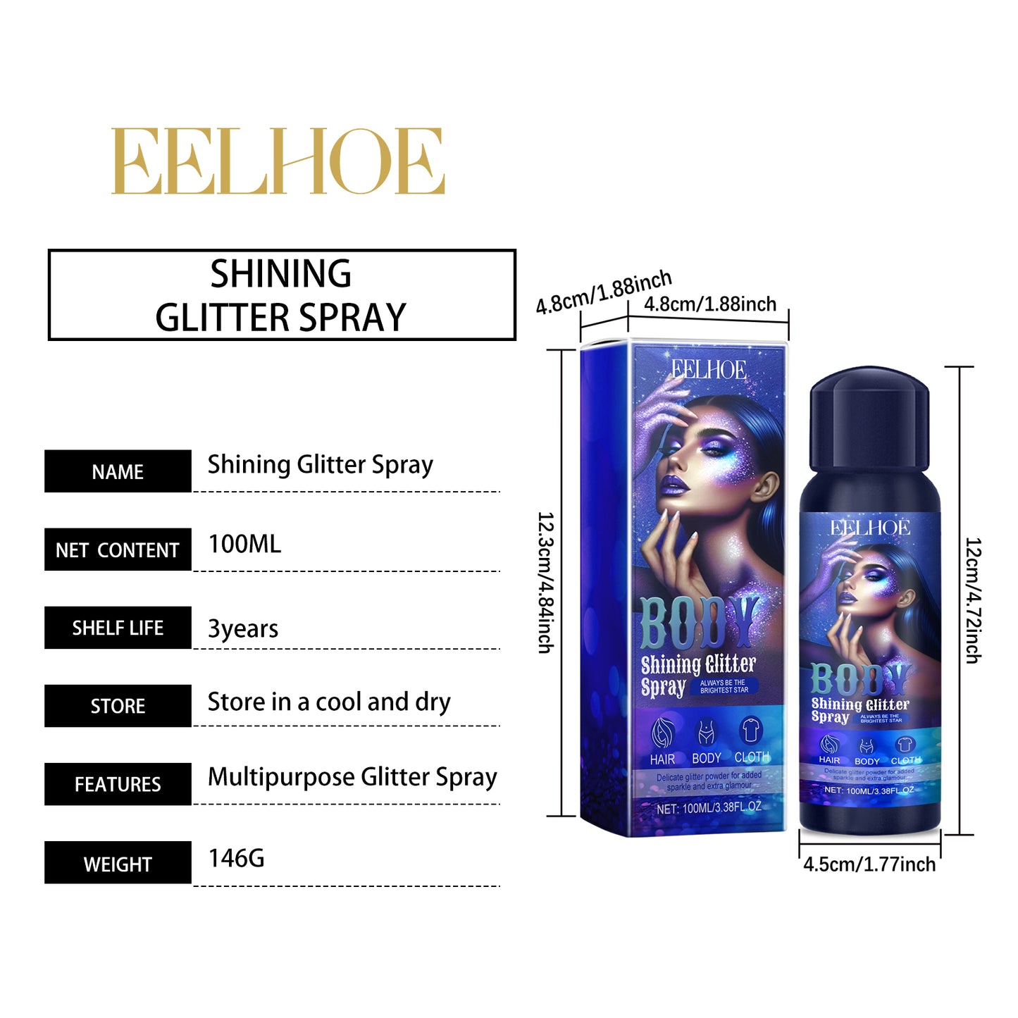 EELHOE Highlighting Glitter Spray Shimmer Spray Highlight Spray Natural Three-dimensional Long-lasting Brightening Glitter Powder