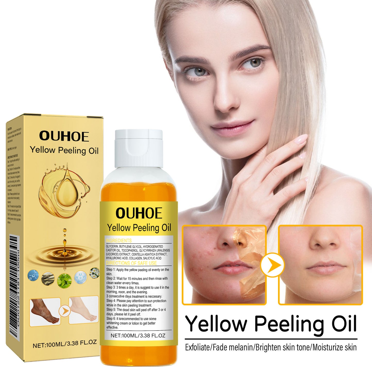 OUHOE Yellow Exfoliating Oil Hydrating Moisturizing Skincare Body Skin Cleansing Brightening Skin Tone