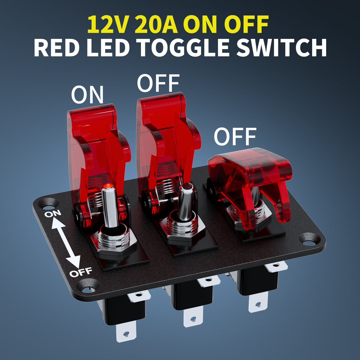 20A 12VDC 3 in 1 Ignition ON-OFF Red LED Illuminated on OFF Toggle Switch 3 Gang Car Racing Panel With Safety Aircraft Cover