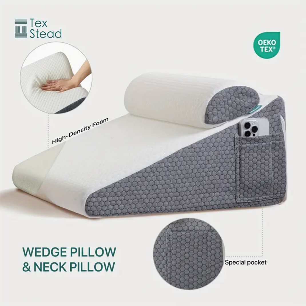 TEXSTEAD 2pcs Memory Foam Bed Wedge Pillow/Neck Pillow for Back, Leg, and Knee - Triangle Pillow with Removable Cover