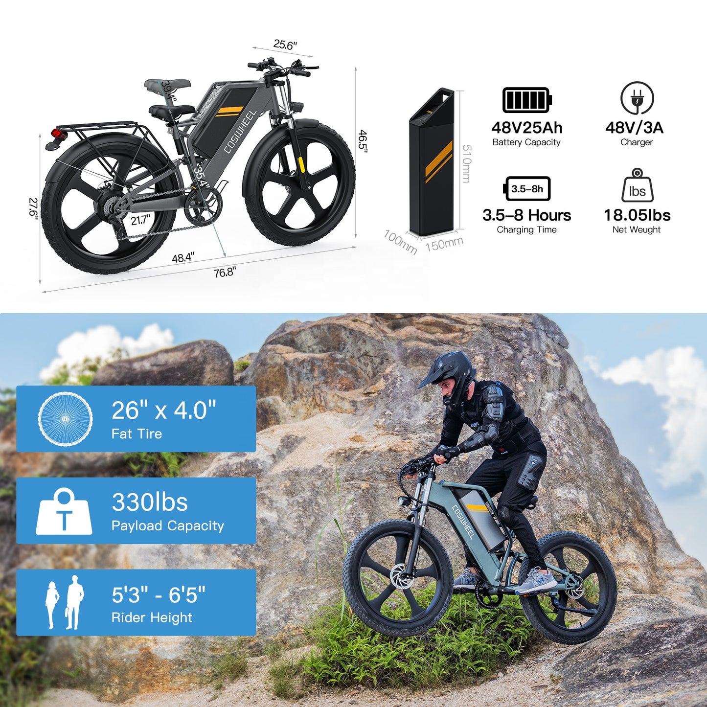 US Warehouse Coswheel T26 Fat Tire E Bike 48V 1500W 2000W Electric Mountain Bike Full Suspension Road Hybrid Dirt Electric Bike