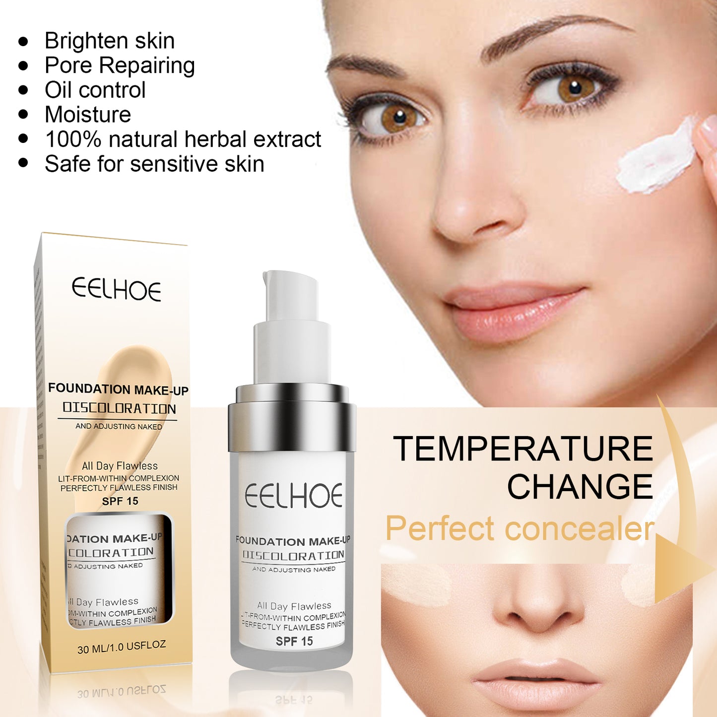 EELHOE Concealing Color-Changing Foundation Long-lasting Moisturizing Concealer, Non-cakey, Brightening Skin Tone, Clear and Hydrating