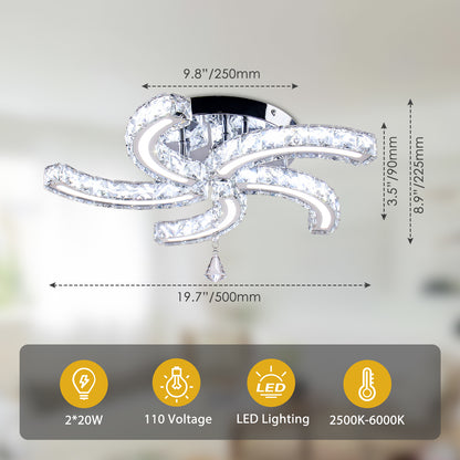 19.7" Dimmable Crystal Chandeliers Modern Crystal Ceiling Light Fixtures Acrylic 5 Arms Led Flush Mount Ceiling Light Lamp