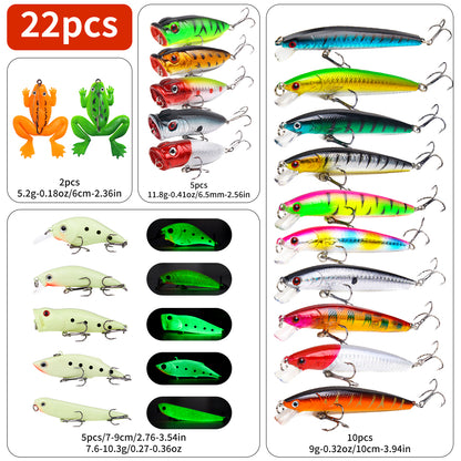 22pcs/set Hard Lure Bait Soft Frog Popper Minnow Pencil VIB Luminous Lure Kit Durable Hooks Realistic Action Ideal