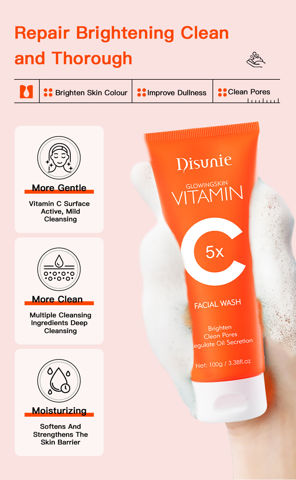 Chinese Vitamin C Amino Acid Facial Cleanser Face Glow and Cleans Brightening Oil Control Face Wash for Men Women