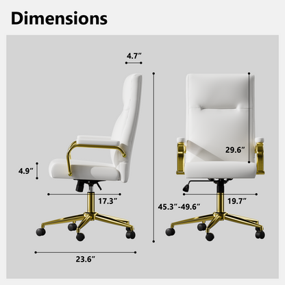 Executive Office Chair for Women and Adults White Leather High Back with Gold Arms and Wheels Excellent Back Support