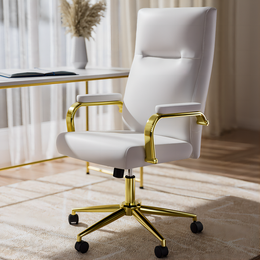 Executive Office Chair for Women and Adults White Leather High Back with Gold Arms and Wheels Excellent Back Support