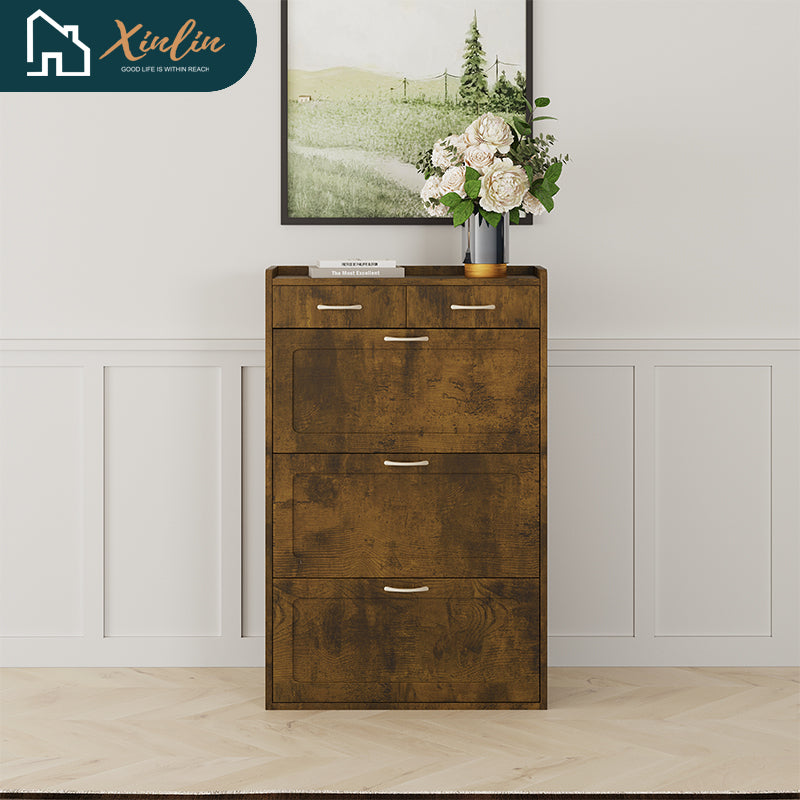 Modern 31.49-Inch Black and Brown Solid Wood Shoe Cabinet Three Layers-for Living Room or Bedroom Home Furniture