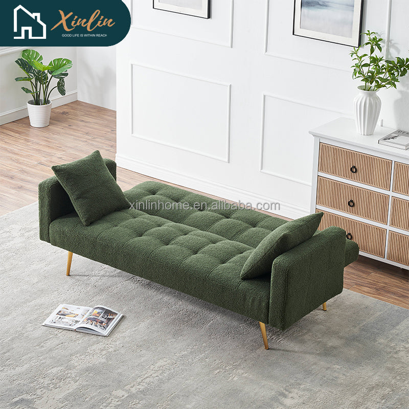 Green Teddy Velvet Futon Sofa Bed 71.7 Inch Free Shipping for Living Room & Bedroom with Two Throw Pillows Included