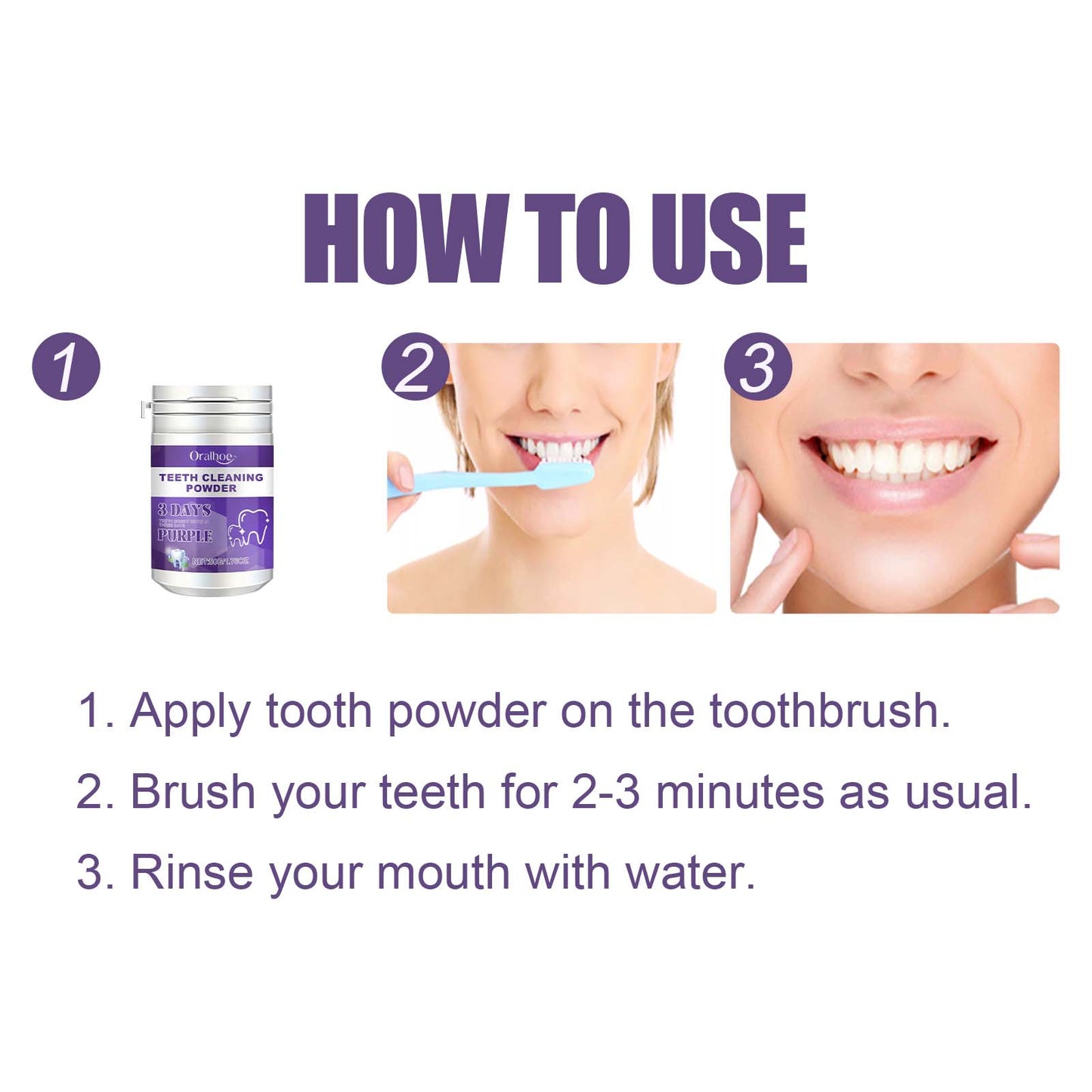 Oralhoe Purple tooth cleaning powder Fresh Breath Tartar Calculus Whitening Tooth Powder Oral Care