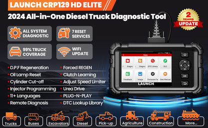 Launch CRP129 HD Heavy Duty Truck Scanner Full System Diesel Scan Tool With 7 Resets Professional for 24V Commercial Vehicles