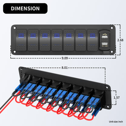 RV 12 Volt  on OFF Dual Blue LED Lighted  7 Gang  Marine Toggle Switch Panel With 5V 2.4A Dual Port USB Charger for Car Truck