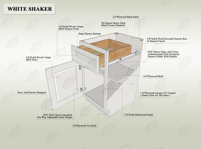 U.S. Warehouse Direct Shipping - White Shaker B15 W15" *H34 1/2" * D24" Single Door Base Kitchen Cabinet RTA Kitchen Cabinet