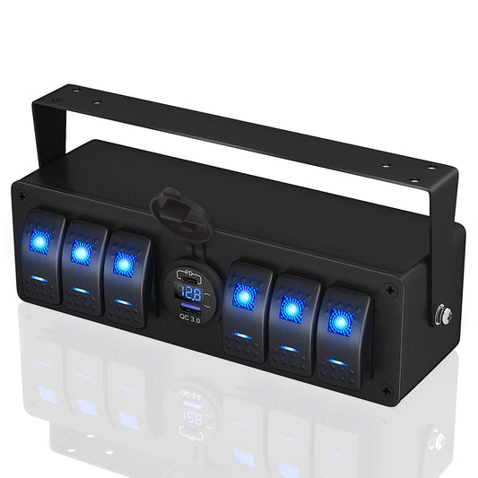 Waterproof  on OFF Dual Blue LED Pre-wired 6 Gang Aluminum Marine Rocker Switch Panel Control Box  With PD3.0 QC3.0 USB Charger