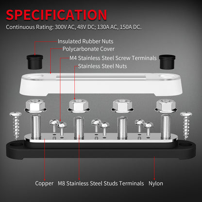 150A Automotive Car Marine Junction Block 4 X M8 5/16" Stud 6x #8 Screws 12V Electrical Copper Bus Bar Distribution Block