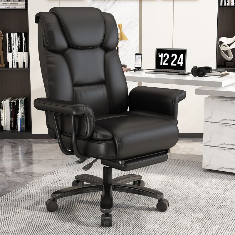 Ergonomic Black Faux Leather Office Chair High Back Padded Tilt Function Big Tall Executive Design Comfortable Includes Footrest