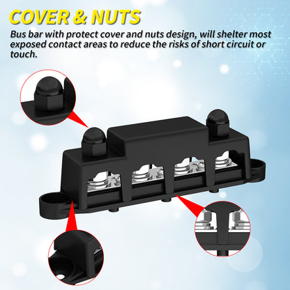 12VDC 250A Bus Bar 4xM10 Studs 3 #8 Screws Copper Terminal Block 12V Junction Block for Automotive and Solar Applications