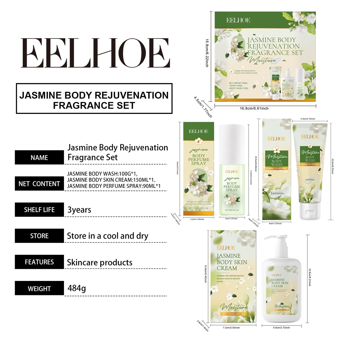 EELHOE Jasmine Body Care Set Gentle Cleansing Moisturizing Body Skin Jasmine Light Fragrance Long-lasting Fragrance