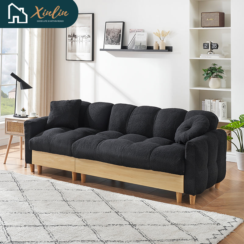 Velvet Black and White 95.3-Inch Two Throw Pillows Spacious and Comfortable 3-Seater Sofa for Living Room and Dining