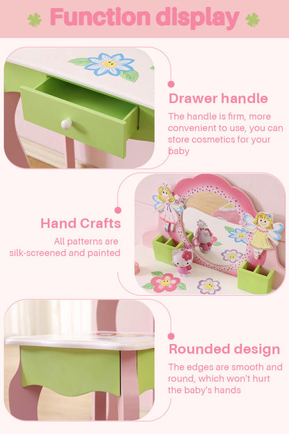 Princess Vanity Make up Table Wooden Dressing Table with Mirror and Stool for Kids