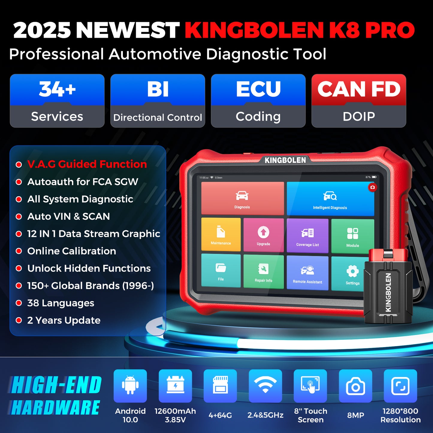 KINGBOLEN K8 PRO All System Diagnostic Scan Tool Bi-Directional CAN-FD OBD2 Scanner 34 Reset ECU Coding