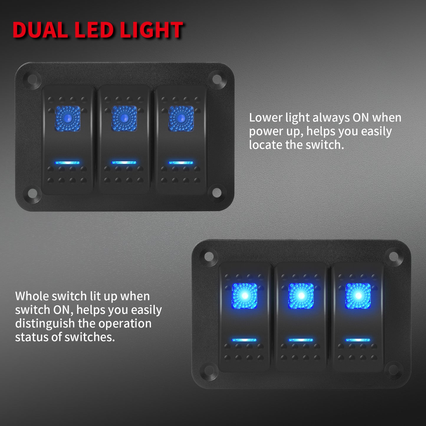 12V 20A on OFF Latching Dual Blue LED 3 Pins Panel Mount 3 Gang Marine Rocker Switch Panel  With Sticker and Wire Lead