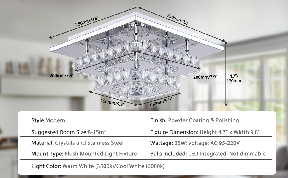 Modern Exquisite 2-Layer Square LED Pendant Light Indoor Crystal Ceiling Light Living Room Decoration Chandelier Pendant Lights