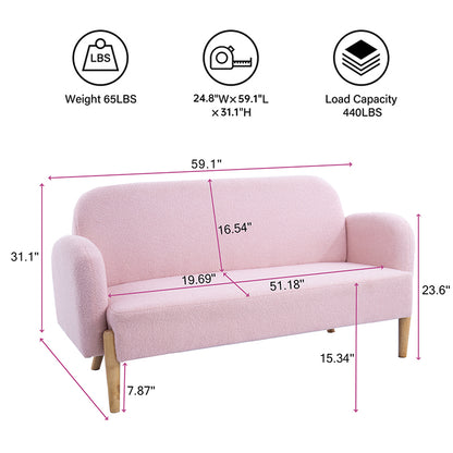 Modern 59.1\" Teddy Pink Velvet Two-Seater Sofa Free Shipping for Living Room Outdoor with Three Lumbar Pillows Fabric Material