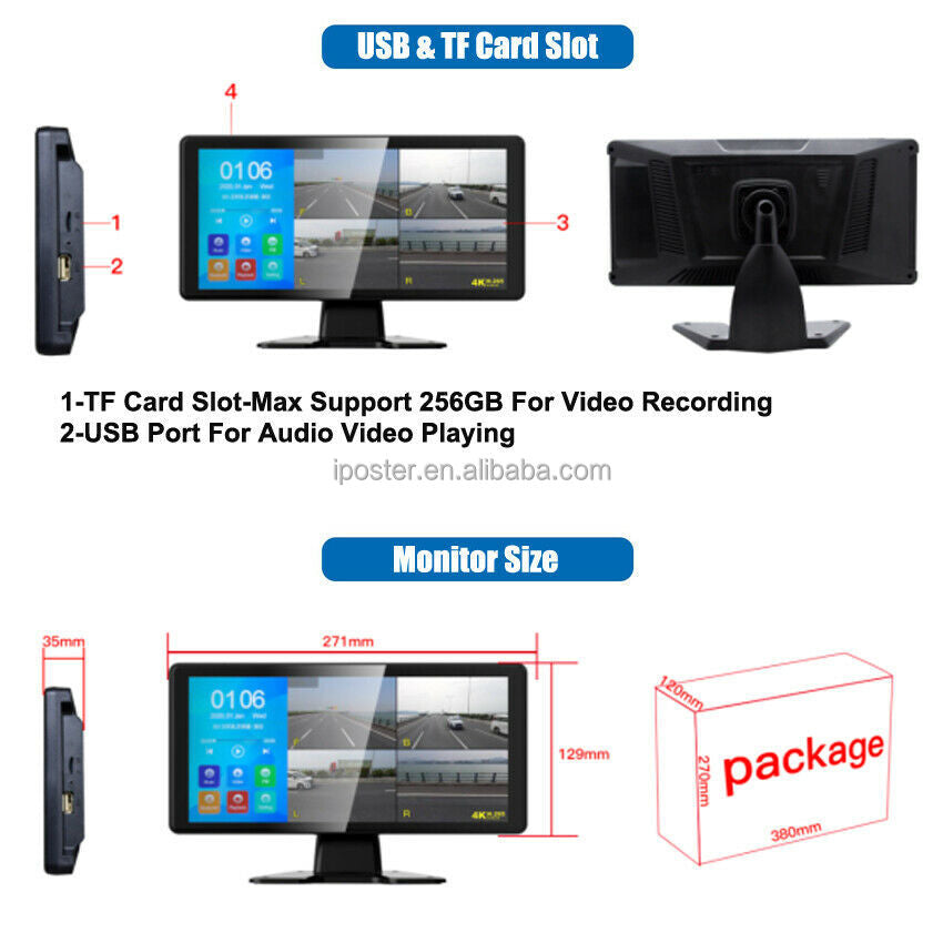 IPoster 10.36inch Loop Recording Touch Screen Quad Split DVR AHD IPS Monitor with MP5 BLTooth CCD Front Side Reverse Camera Kit