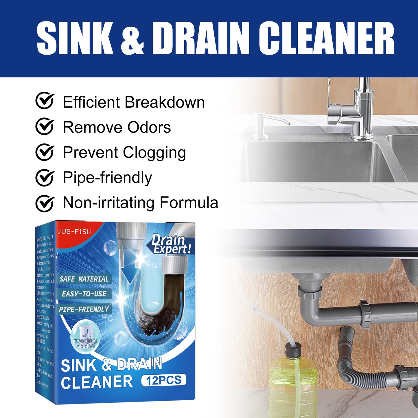 Jue-Fish Drain Cleaner Toilet Kitchen Drain Pipe Anti-Clogging Odor Removal Cleaner