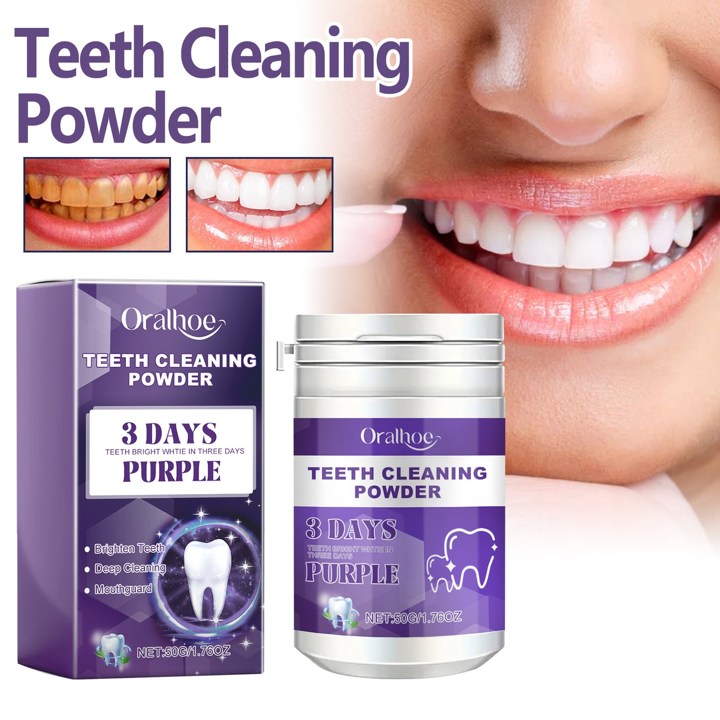 Oralhoe Purple tooth cleaning powder Fresh Breath Tartar Calculus Whitening Tooth Powder Oral Care