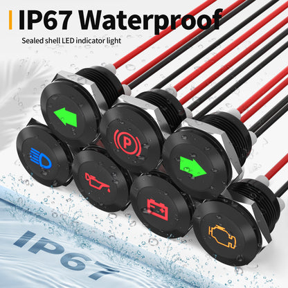 7PCS IP67 12V 24V LED Panel Waterproof Indicator Lights 12mm Sealed Black Shell Laser Metal Indicator with 26AWG 30cm Wire