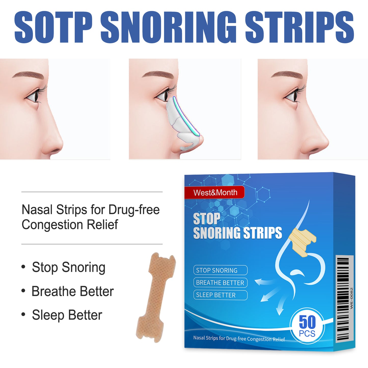 West&Month Adult Nasal Ventilation Nose Paste Anti-Snoring Dredge Respiratory Tract Anti-Snoring Anti-Snoring Paster Nursing