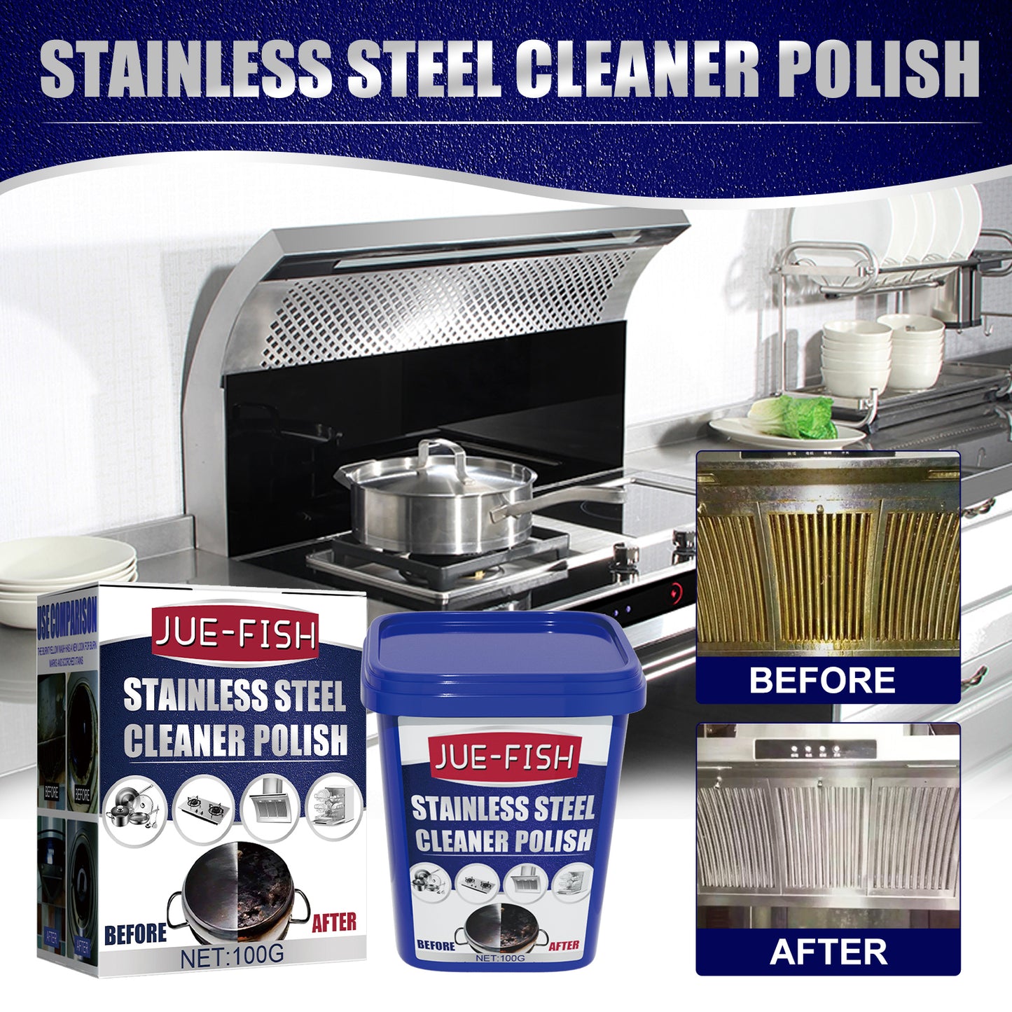 Jue-Fish Stainless Steel Cleaning Cream Kitchen Stain Remover for Cookware Rust, Pot Bottom, Stove Black Grime Cleaning Paste