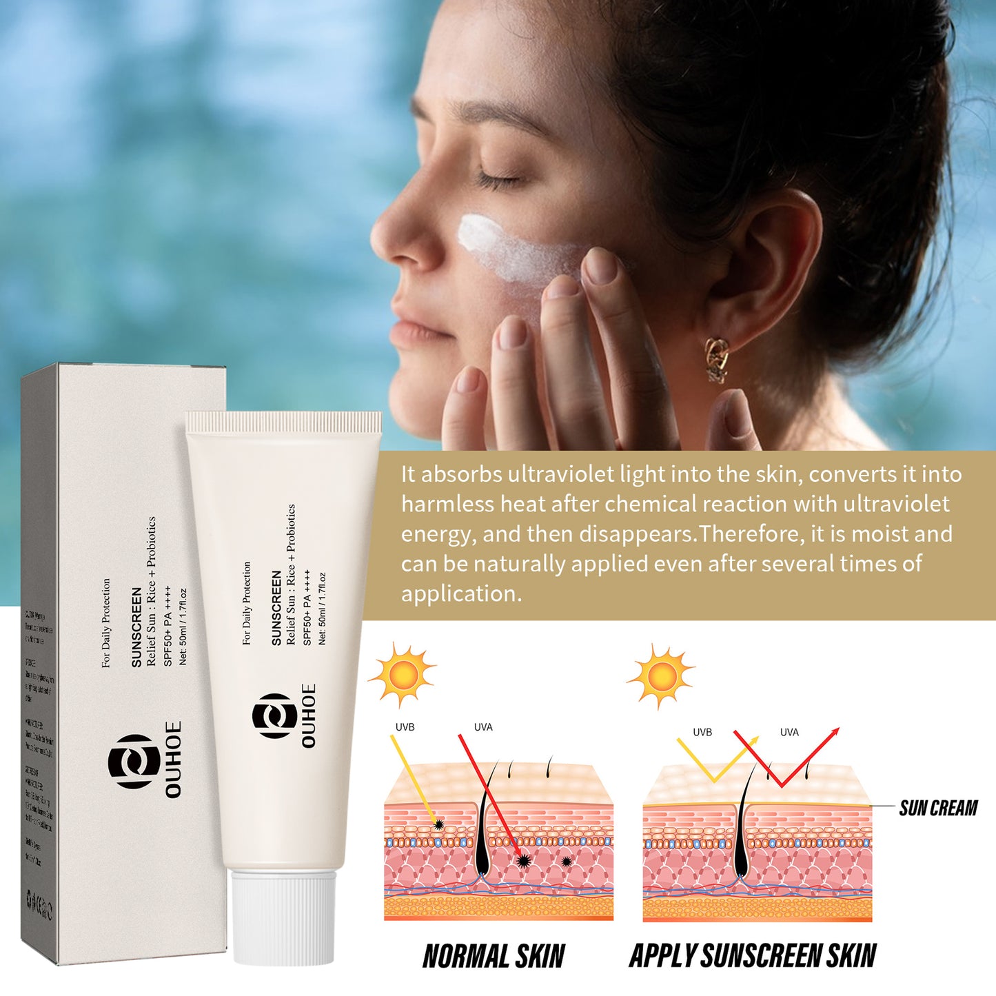 OUHOE Rice Probiotic Protective Cream Refreshing Anti UV Moisturizing Facial Protective Cream