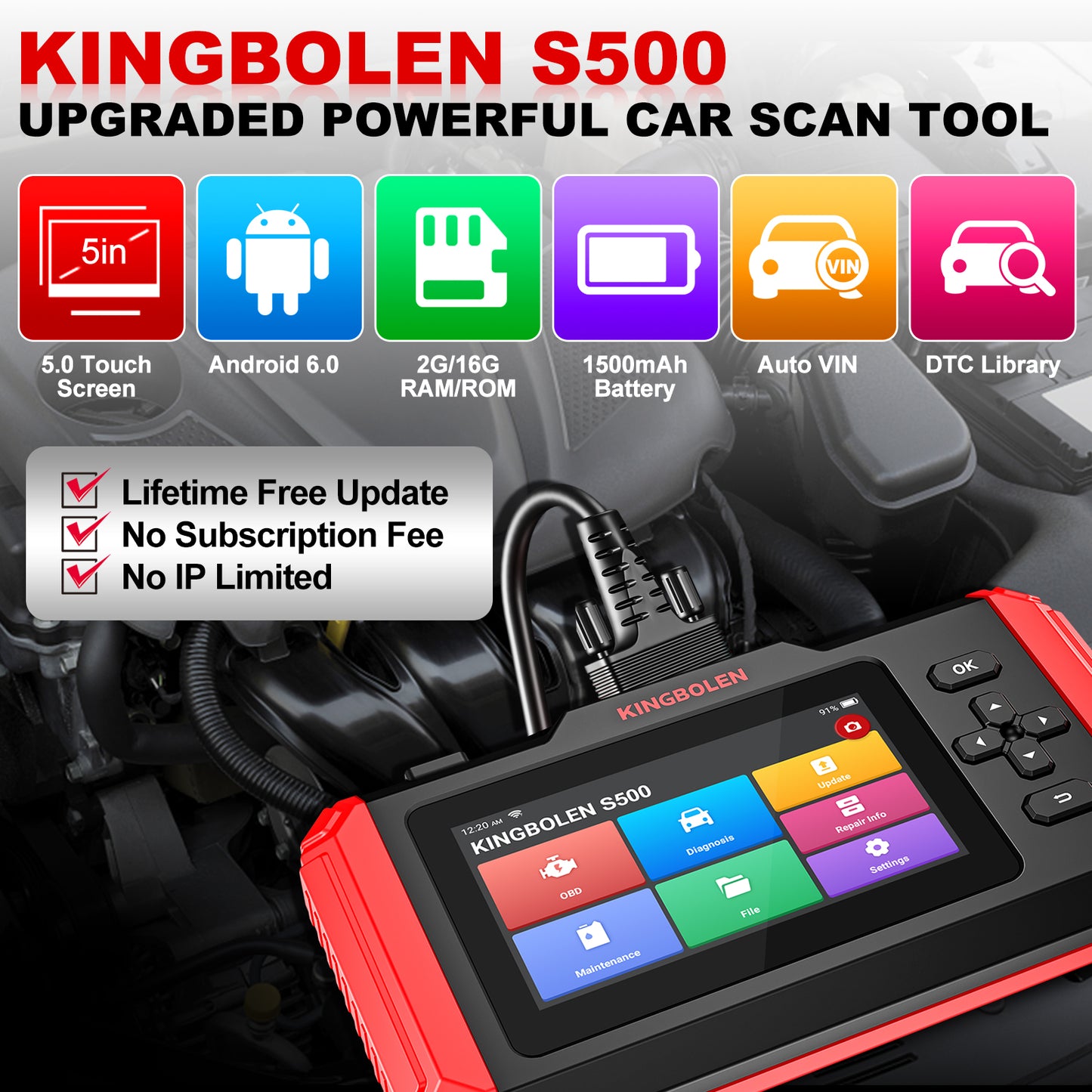 Kingbolen S500 OBD2 Diagnostic Scanner 4 System Automotive Scan Tool With 6 Resets Lifetime Free Update