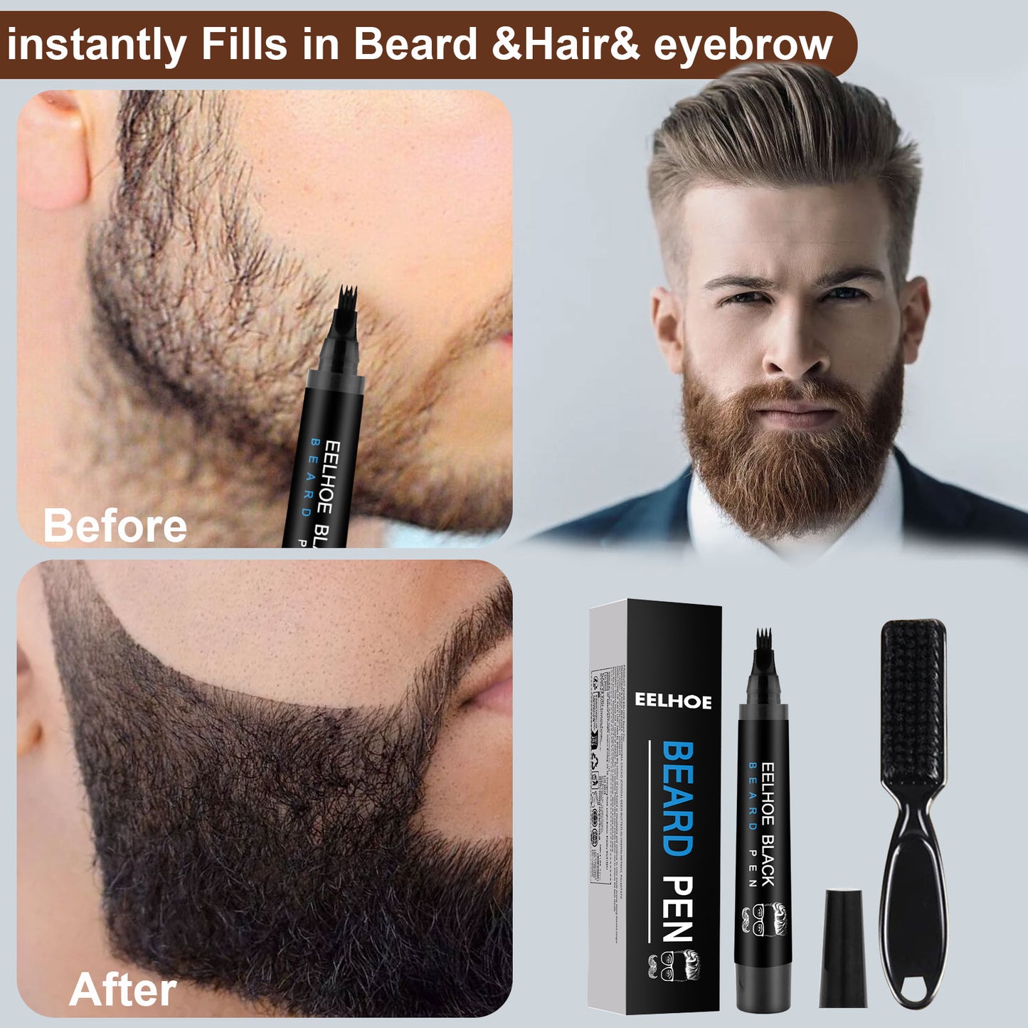 EELHOE Beard Headline Filler Kit Waterproof Sweatproof Non-smudge Beard Pen Mustache Drawing Pen