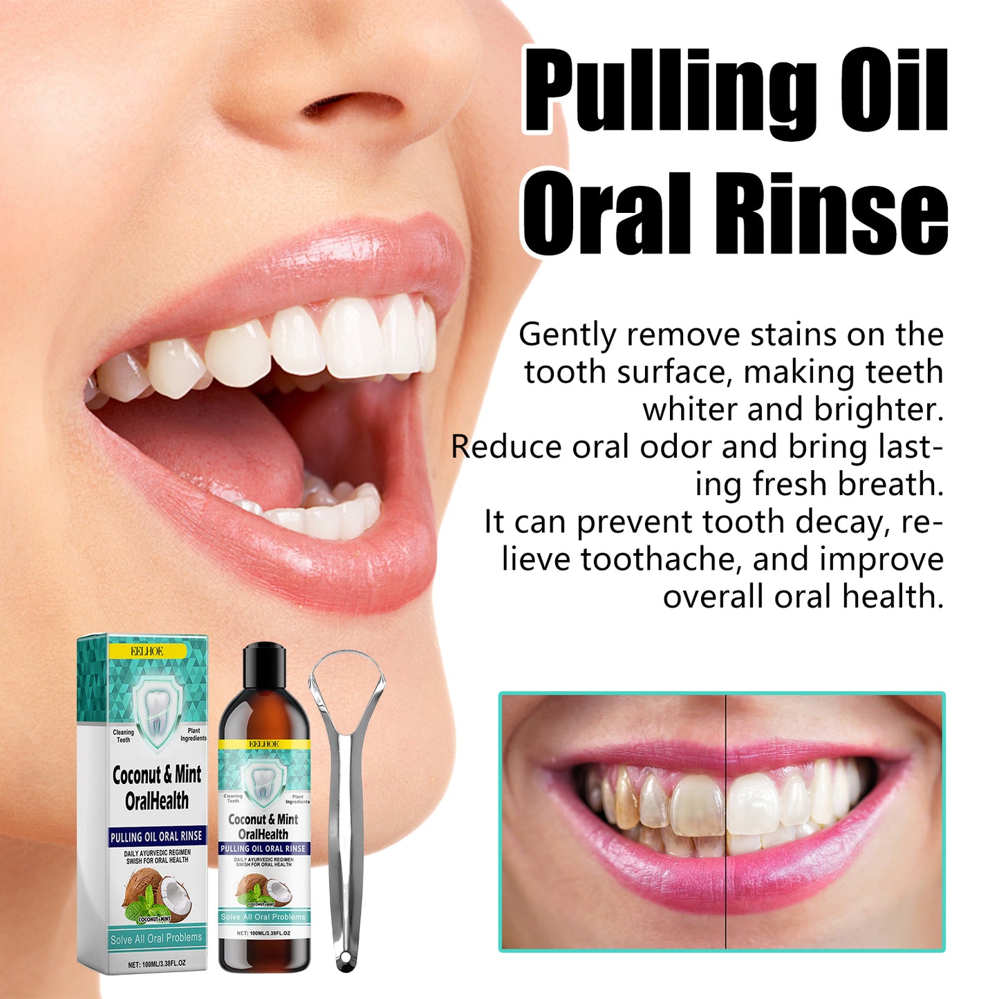 EELHOE Oral Coconut Oil Mouthwash Stain Removal Teeth Whitening Fresh Breath Oral Care Gum Protection