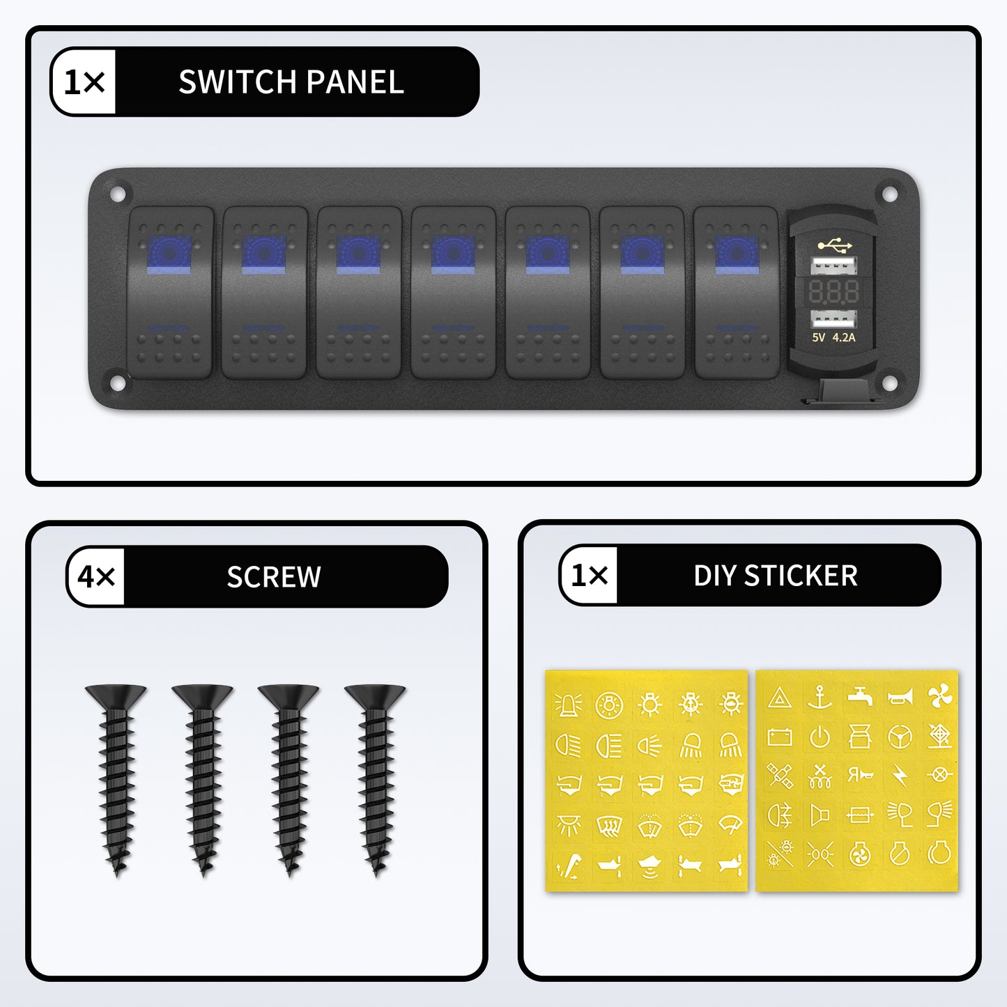 RV 12 Volt  on OFF Dual Blue LED Lighted  7 Gang  Marine Toggle Switch Panel With 5V 2.4A Dual Port USB Charger for Car Truck