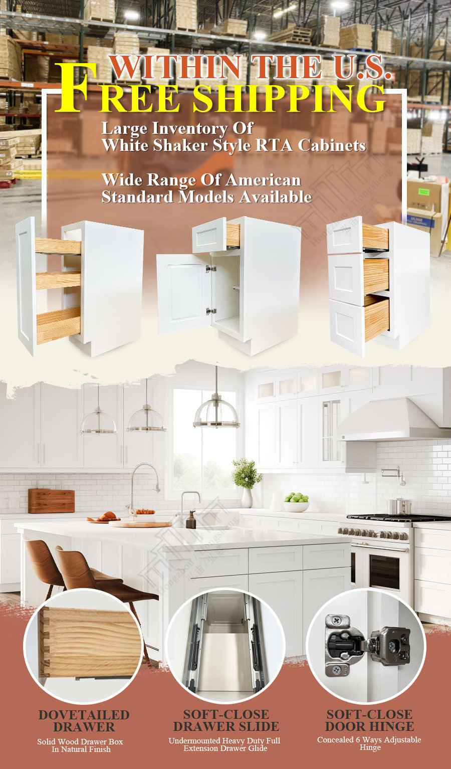 U.S. Warehouse Direct Shipping - White Shaker B15 W15" *H34 1/2" * D24" Single Door Base Kitchen Cabinet RTA Kitchen Cabinet