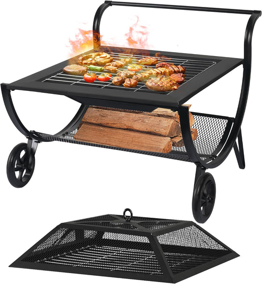 Danlong 31-Inch Steel Outdoor square Wood Burning Fire Pit With Wheels,fireplace for BBQ