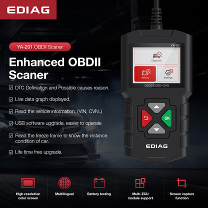 KINGBOLEN YA201 Car Code Reader OBDII/EOBD Auto Diagnostic Tool Data Stream Save Playback OBD2 Scanner Clear Code PK CR3001